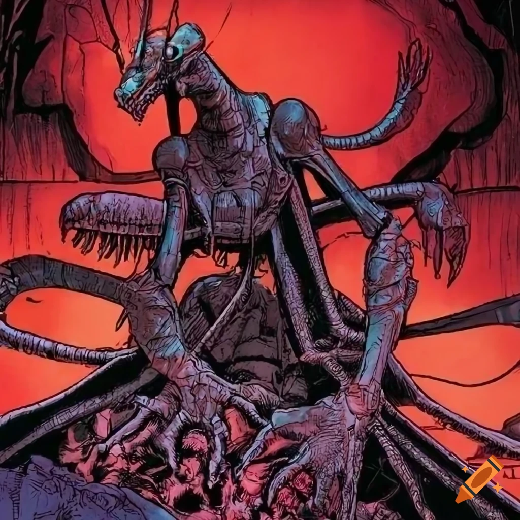 dark manga illustration of a demonic preying mantis