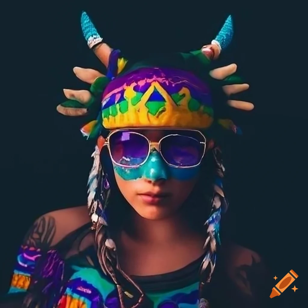 colorful artwork of a nonbinary shaman with eye tattoos and colorful sunglasses