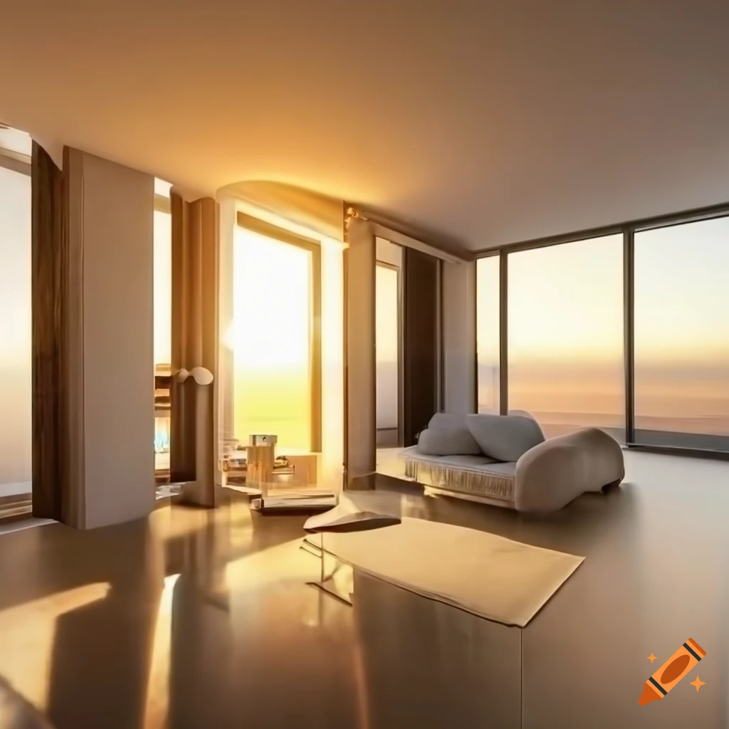 luxury apartment interior with beautiful sunset lighting