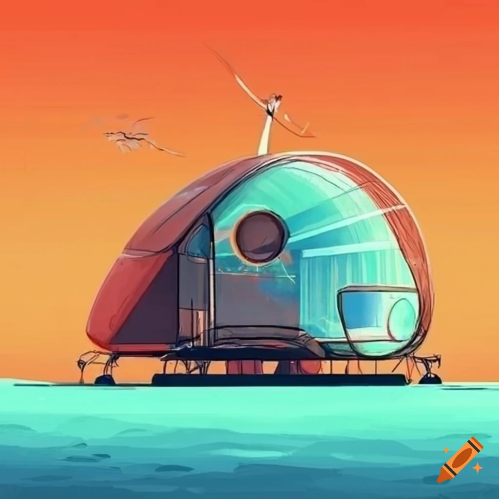 Detailed technical drawing of a retro futurism living pod