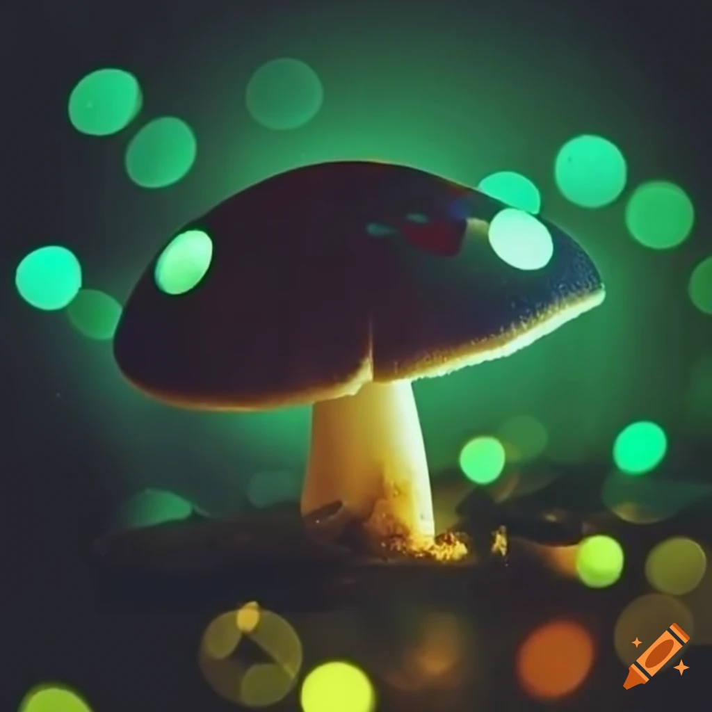 bokeh of glowing mushrooms in a forest
