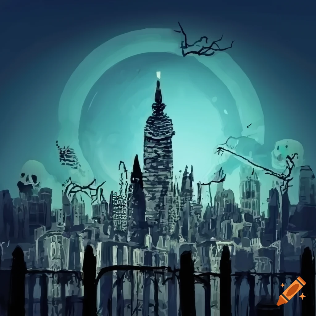 Cityscape with bones and skeletons image.
