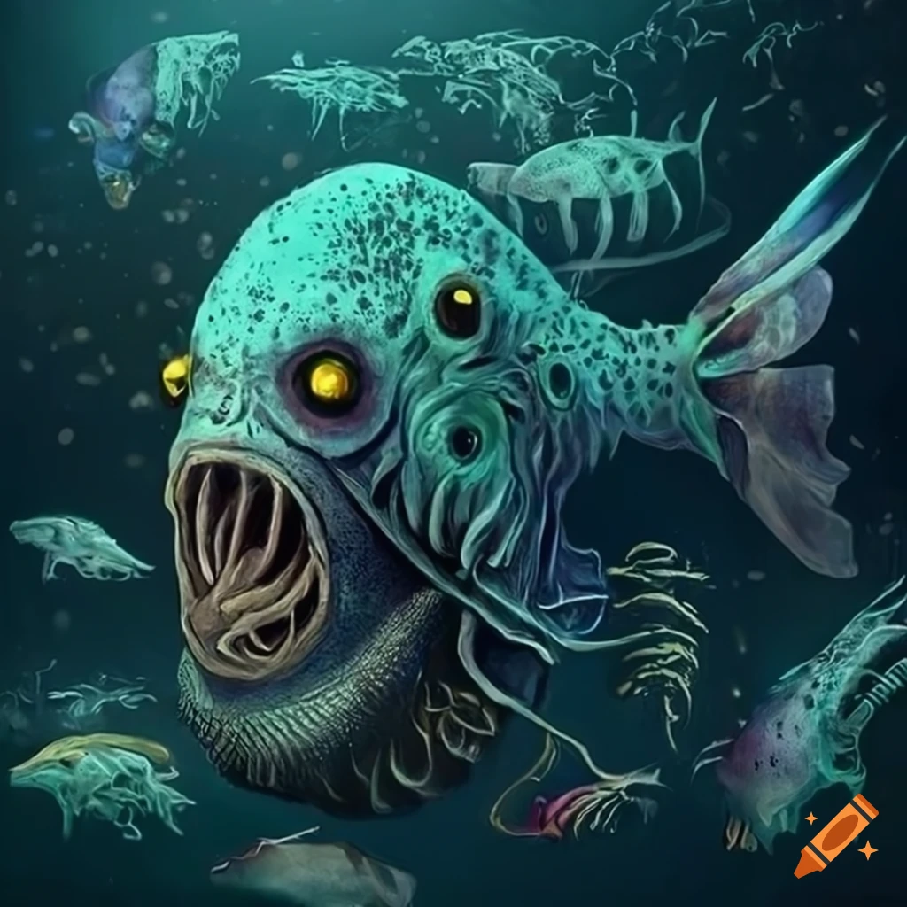 Humanoid muscular anglerfish deep sea monster portrait with