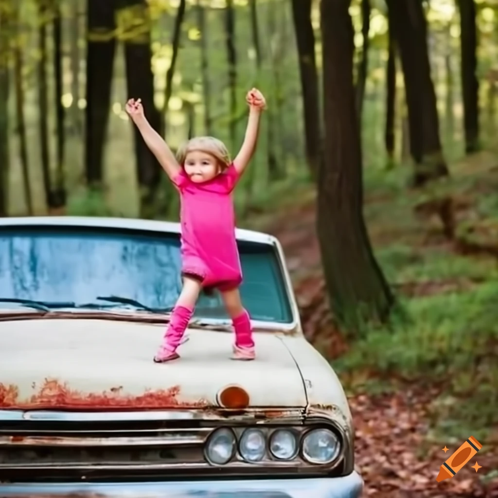 Girl having fun on old car hood in the forest on Craiyon