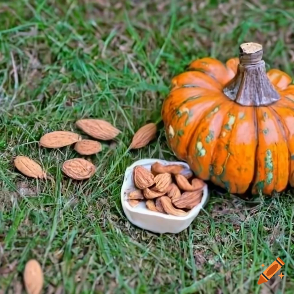 bottle of cold-pressed pumpkin oil and assortment of nuts on grass