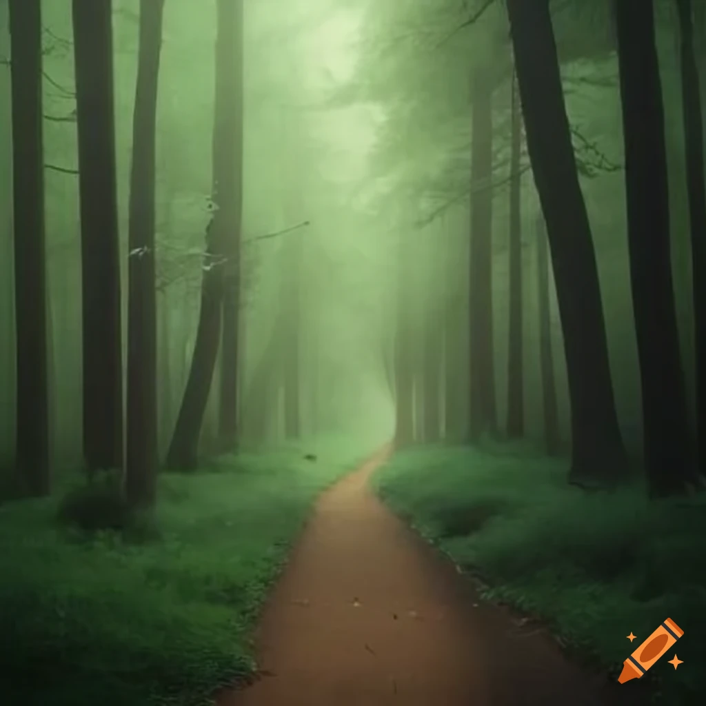 realistic depiction of a foggy forest path with flowers