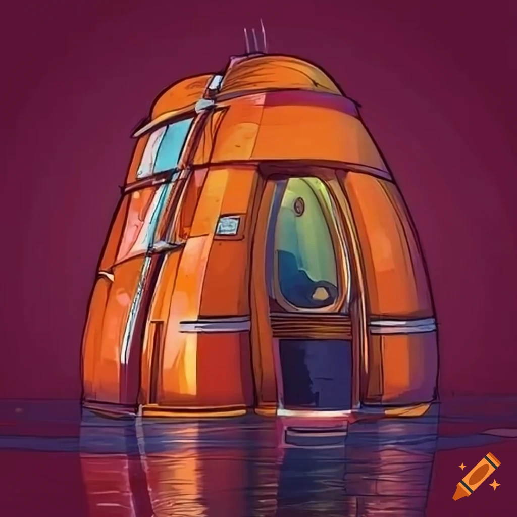 Retro futuristic technical drawing of a unique living pod