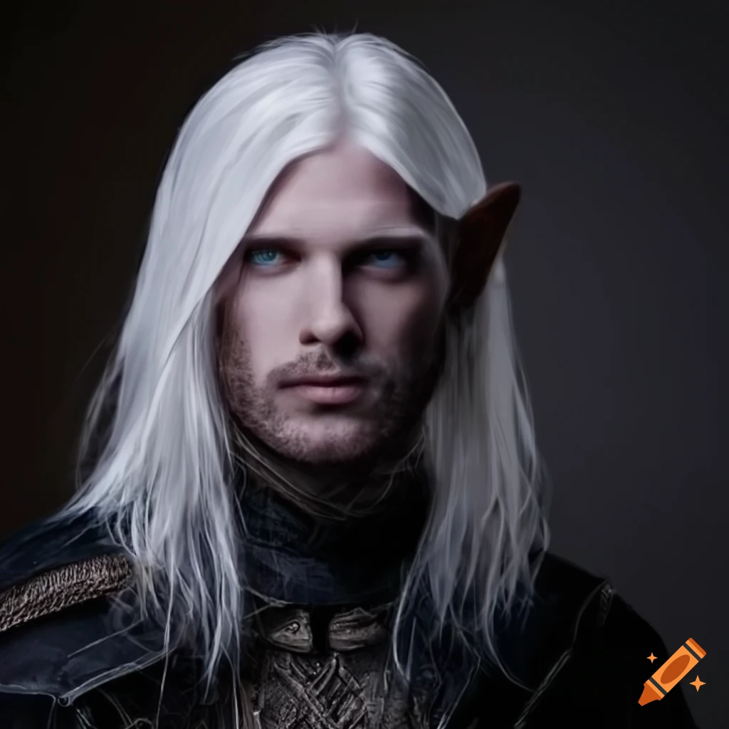 character illustration of a white-haired male Half-drow ranger