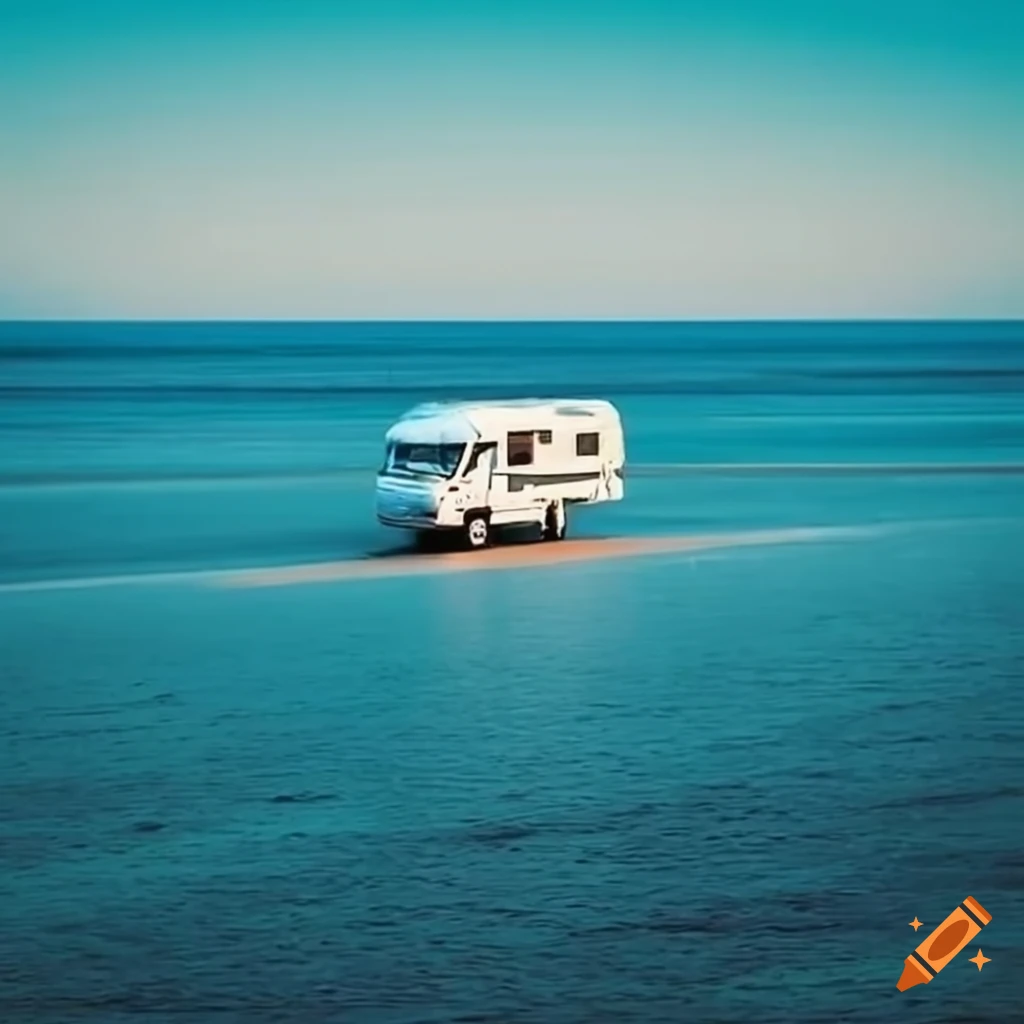 romantic motorhome journey crossing a road in the sea