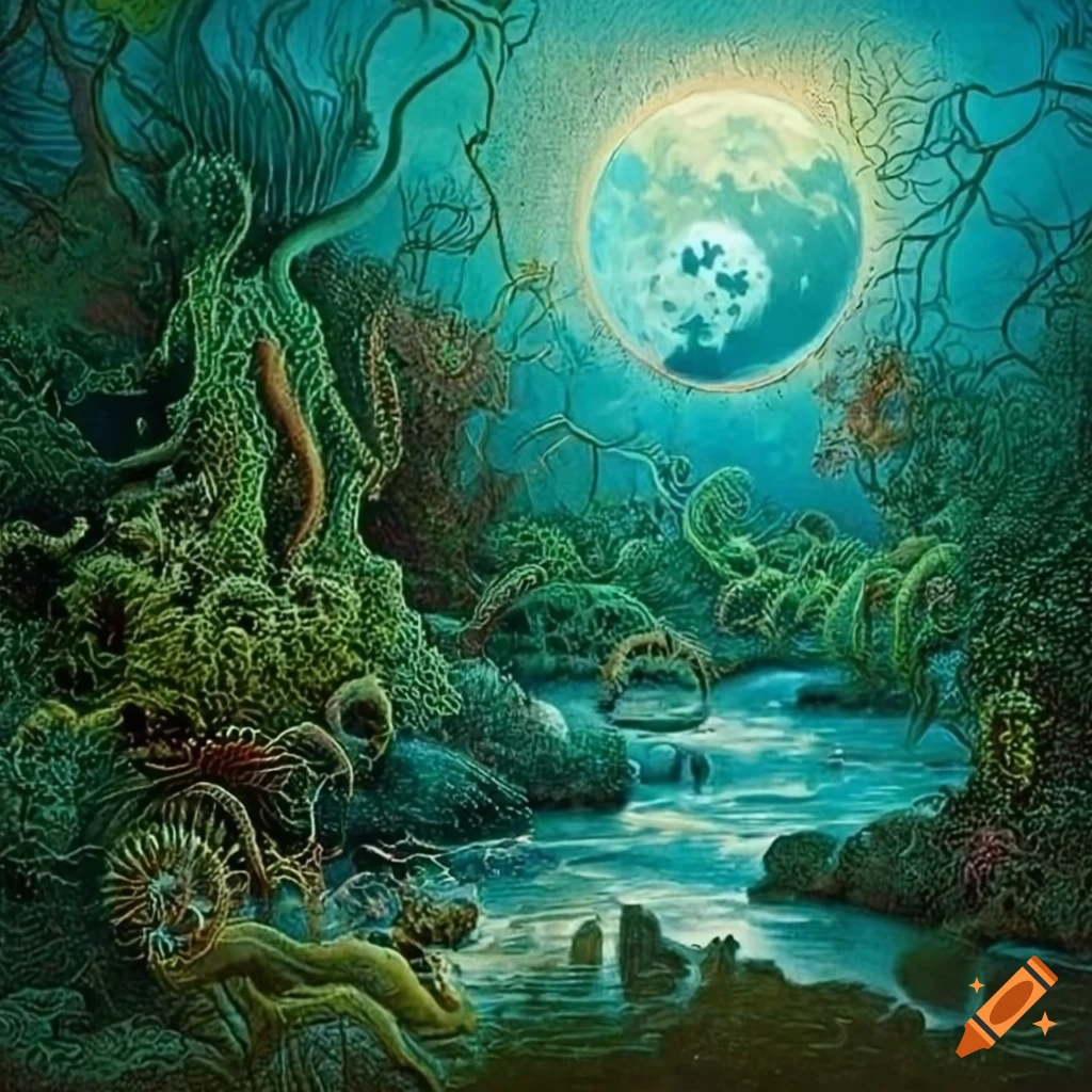 Surreal painting of an alien jungle with carnivorous plants and flowing ...