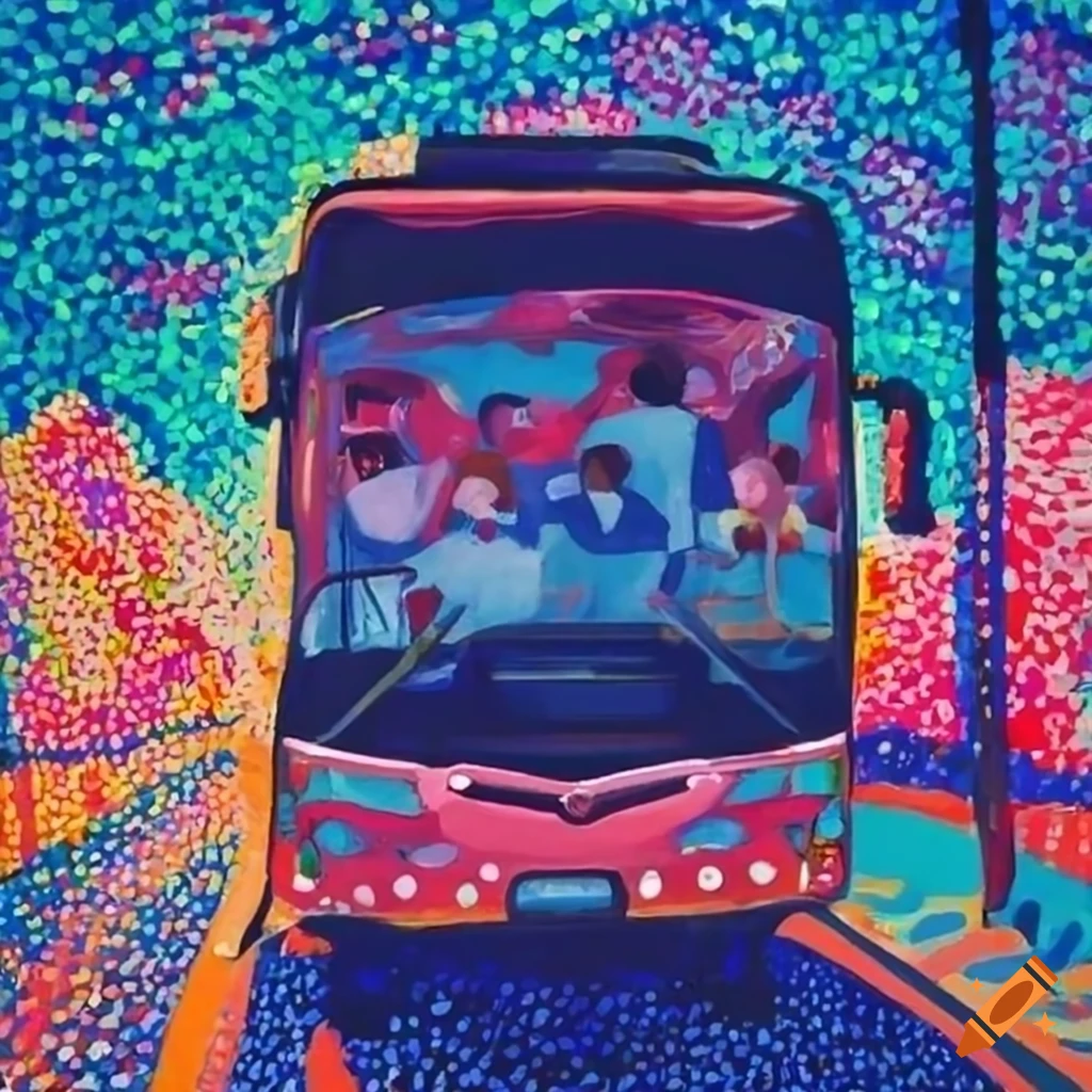 impressionist pointillism style of a bus interior with passengers