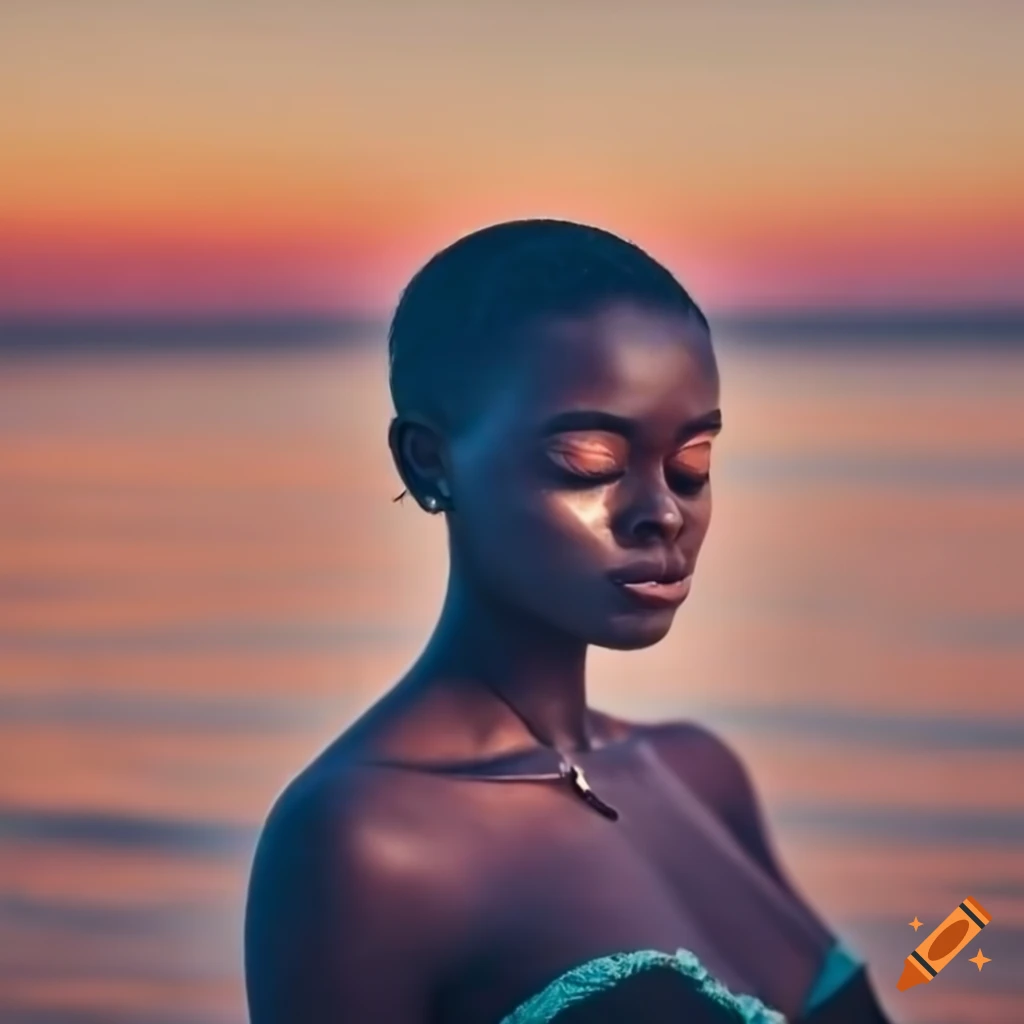 Black woman enjoying sunset on the beach on Craiyon