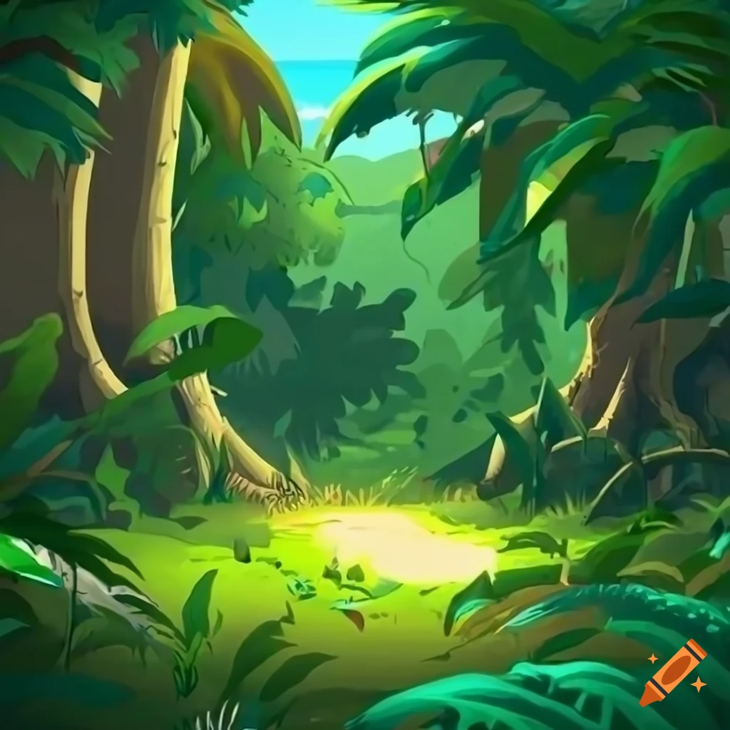 Illustration of a bright green sunny jungle with a pond, flowers, birds and  animals. look and feel should be like ghibli movies style, dreamy layout,  sharp, highly detailed on Craiyon