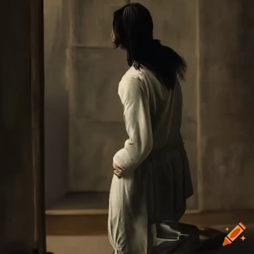 man in white tunic kneeling in front of a prison wall