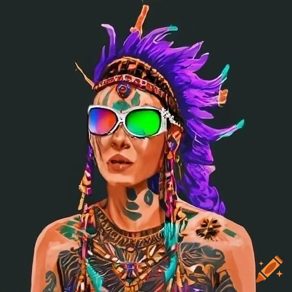 Nonbinary shaman with colorful sunglasses and tribal tattoos