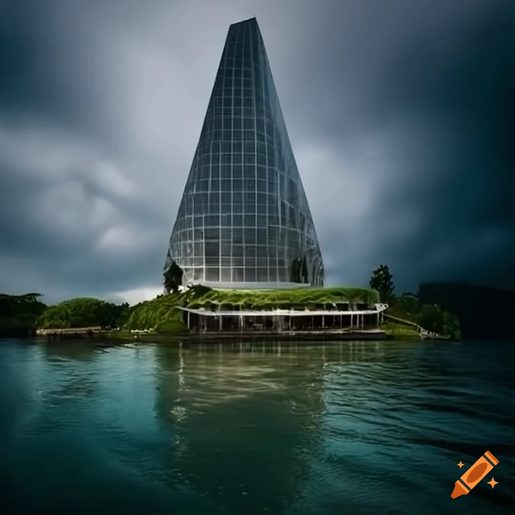 futuristic skyscraper on a lush island