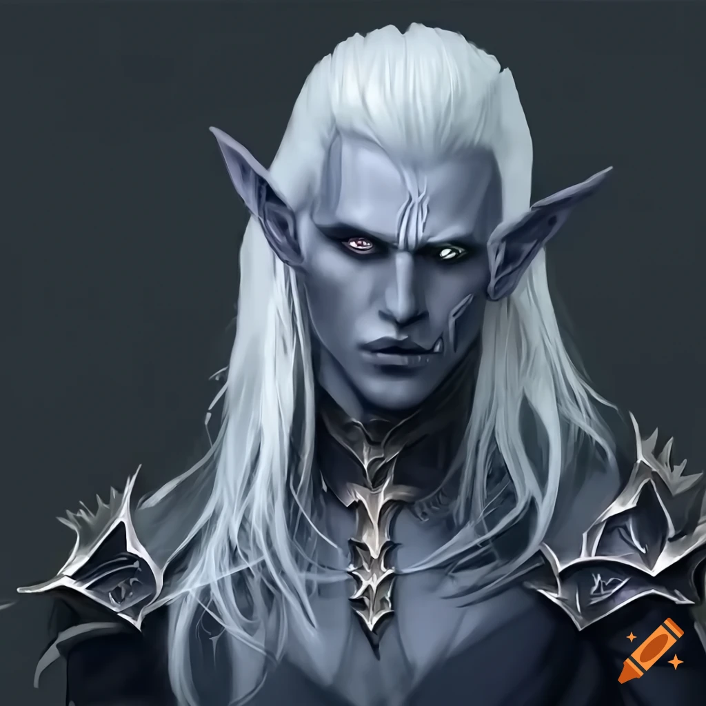 Portrait of a stern-looking white-haired dark elf