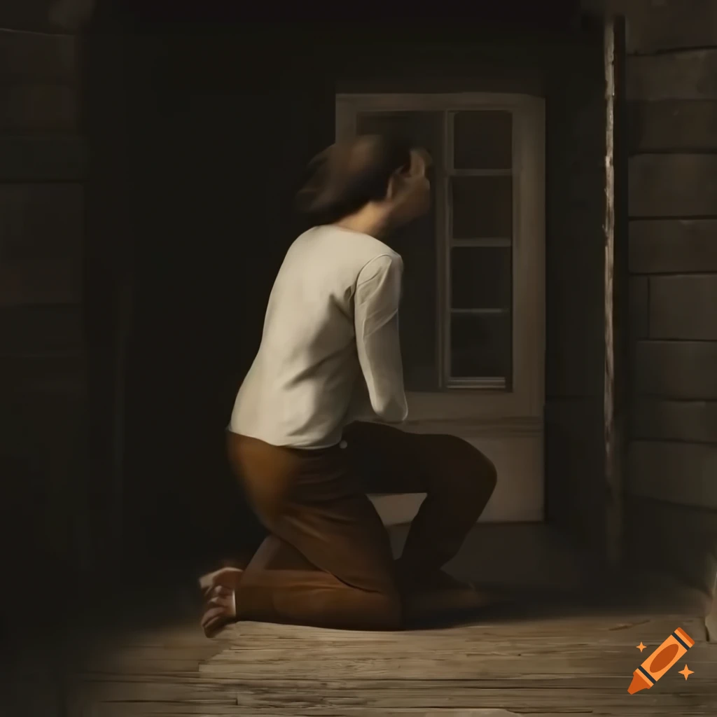 man in tunic kneeling in front of a stone wall