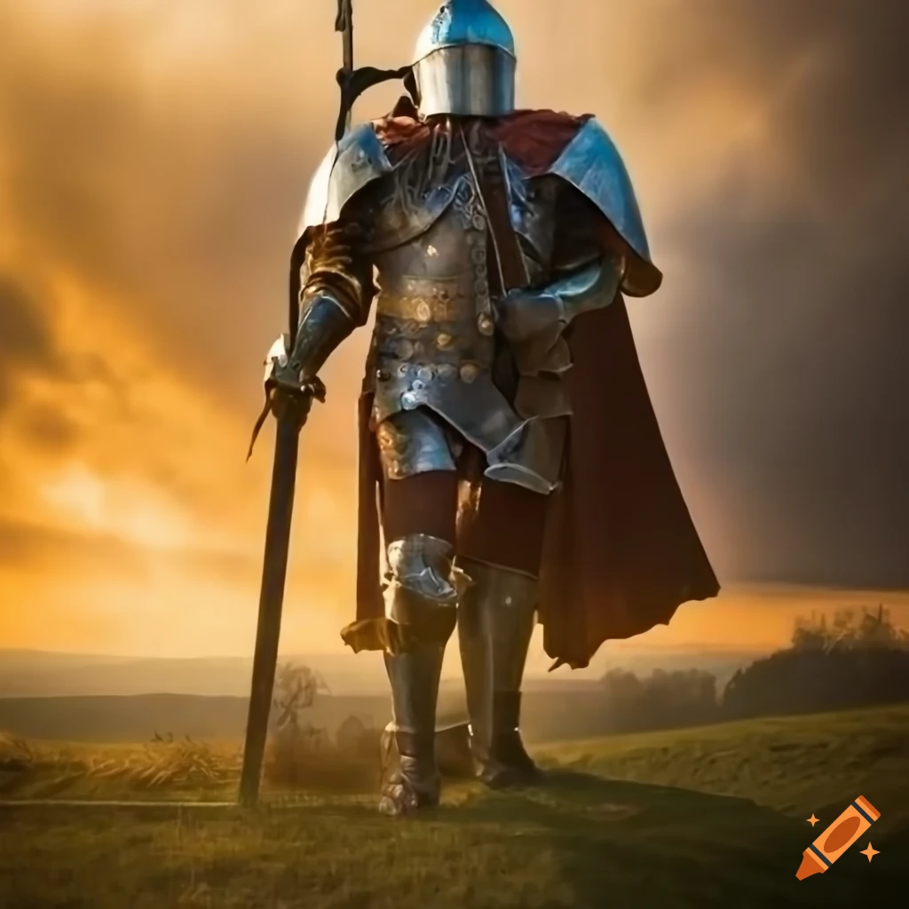 Blue-armored knight holding a long red halberd on Craiyon