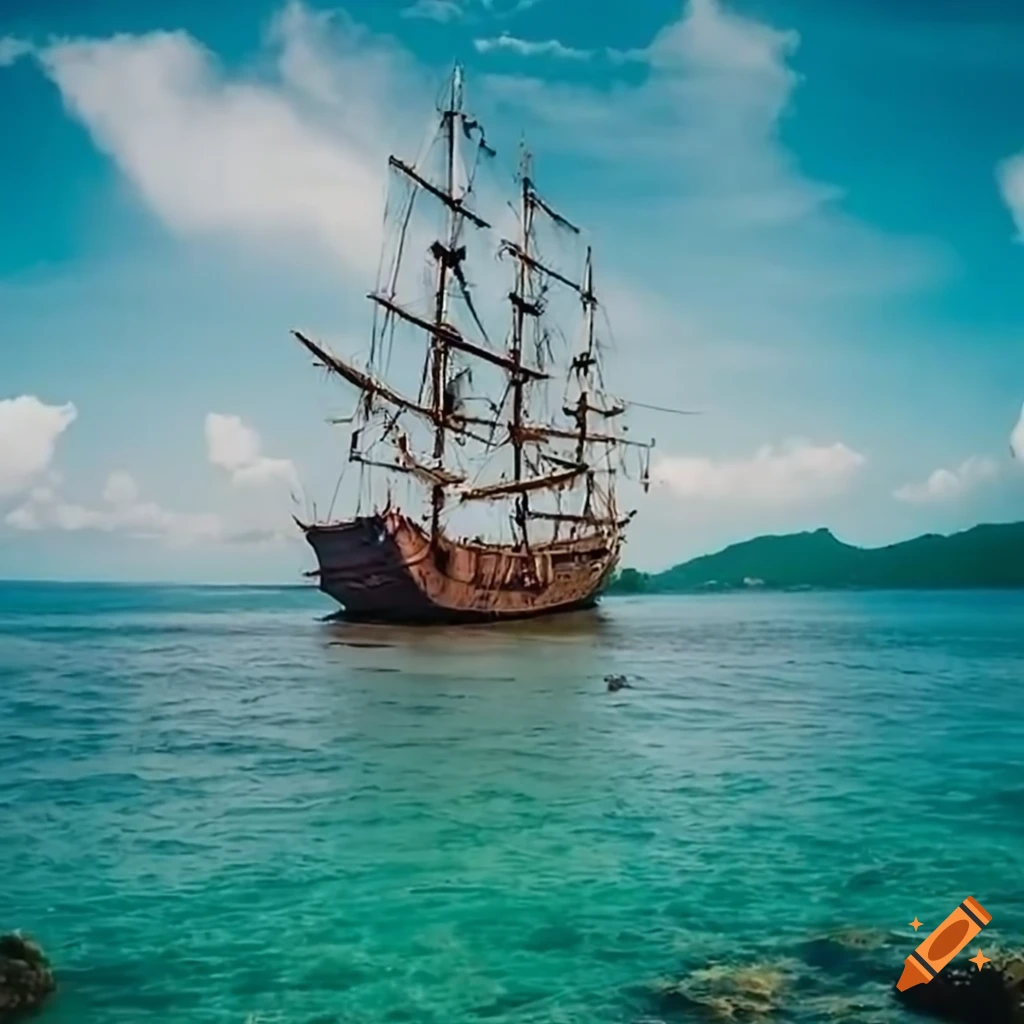 sinister pirate ship next to a deserted tropical island