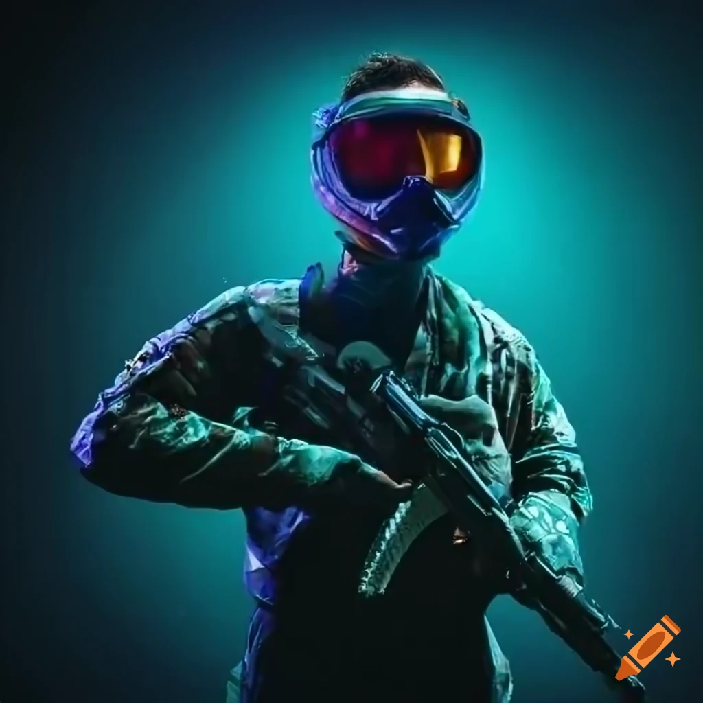 affiche avec un soldat de paintball dans un hall de bâtiment