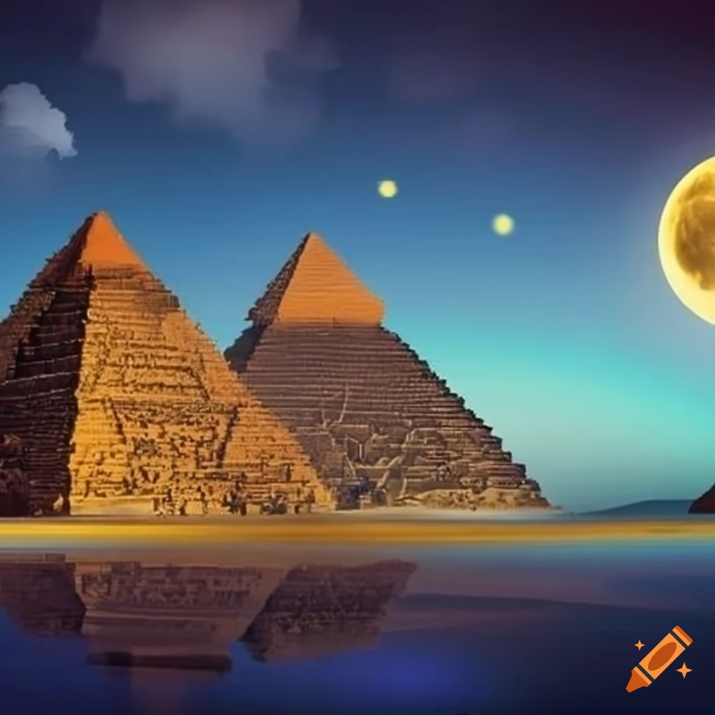 mystical night scene with pyramids under golden moonlight