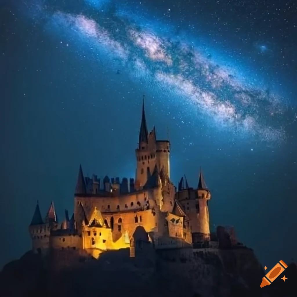 night view of a castle with the Milky Way in the sky