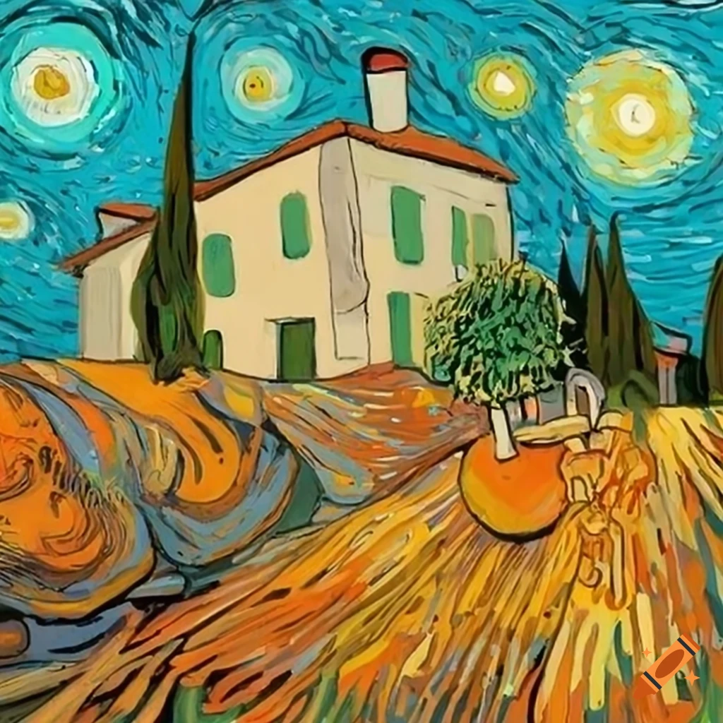 cartoon art of a Tuscany-style home inspired by Van Gogh