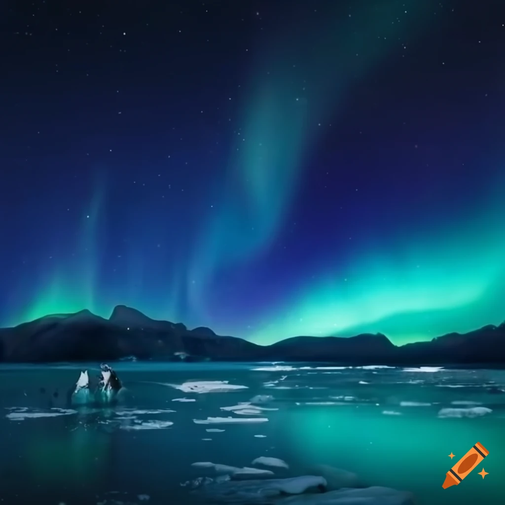 Penguins On Ice Under A Blue Green Aurora On Craiyon