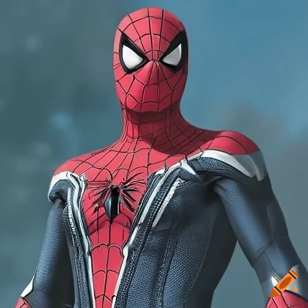 Spiderman style suit with red, black, silver and white colors on Craiyon