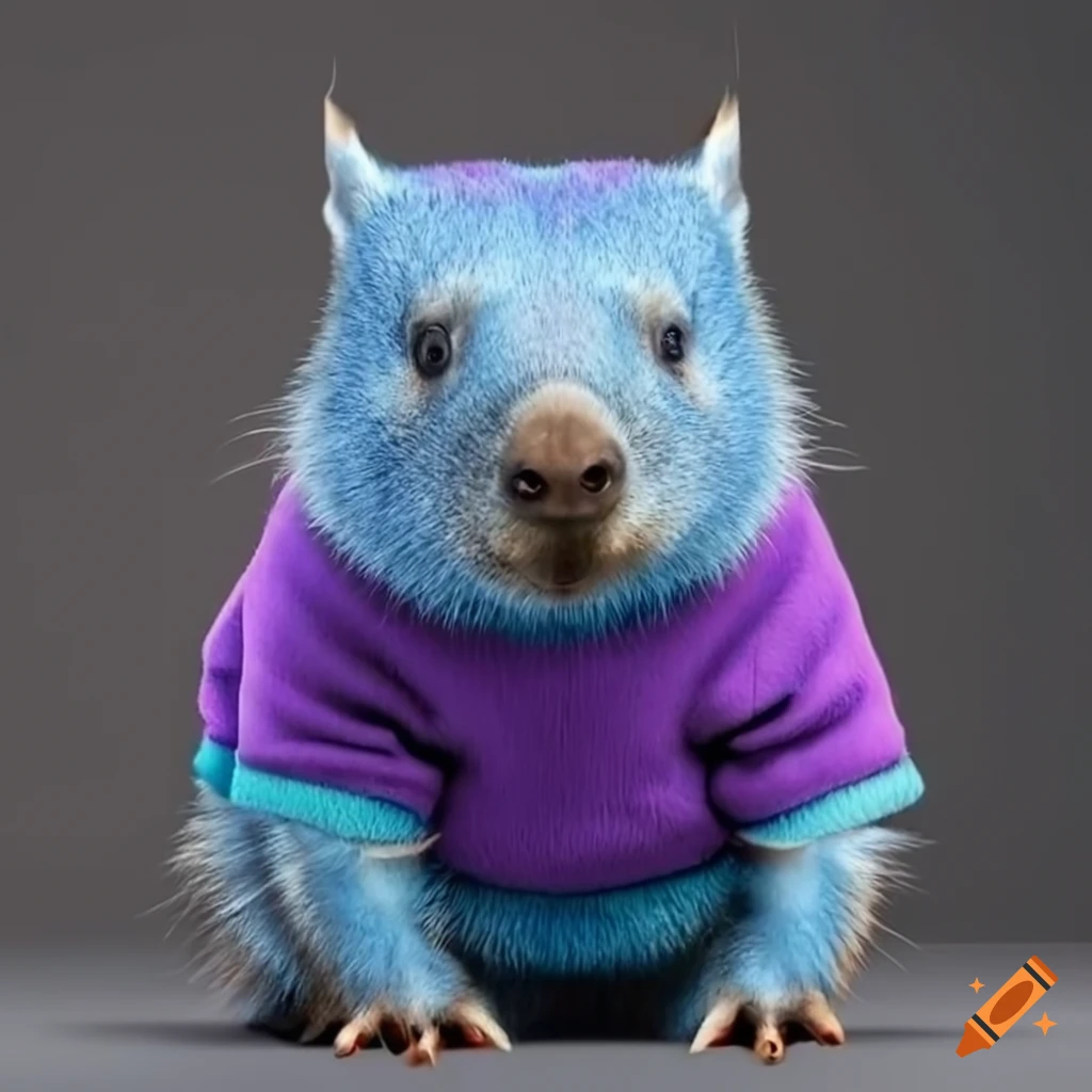 cute Blue Wombat wearing a purple sweater