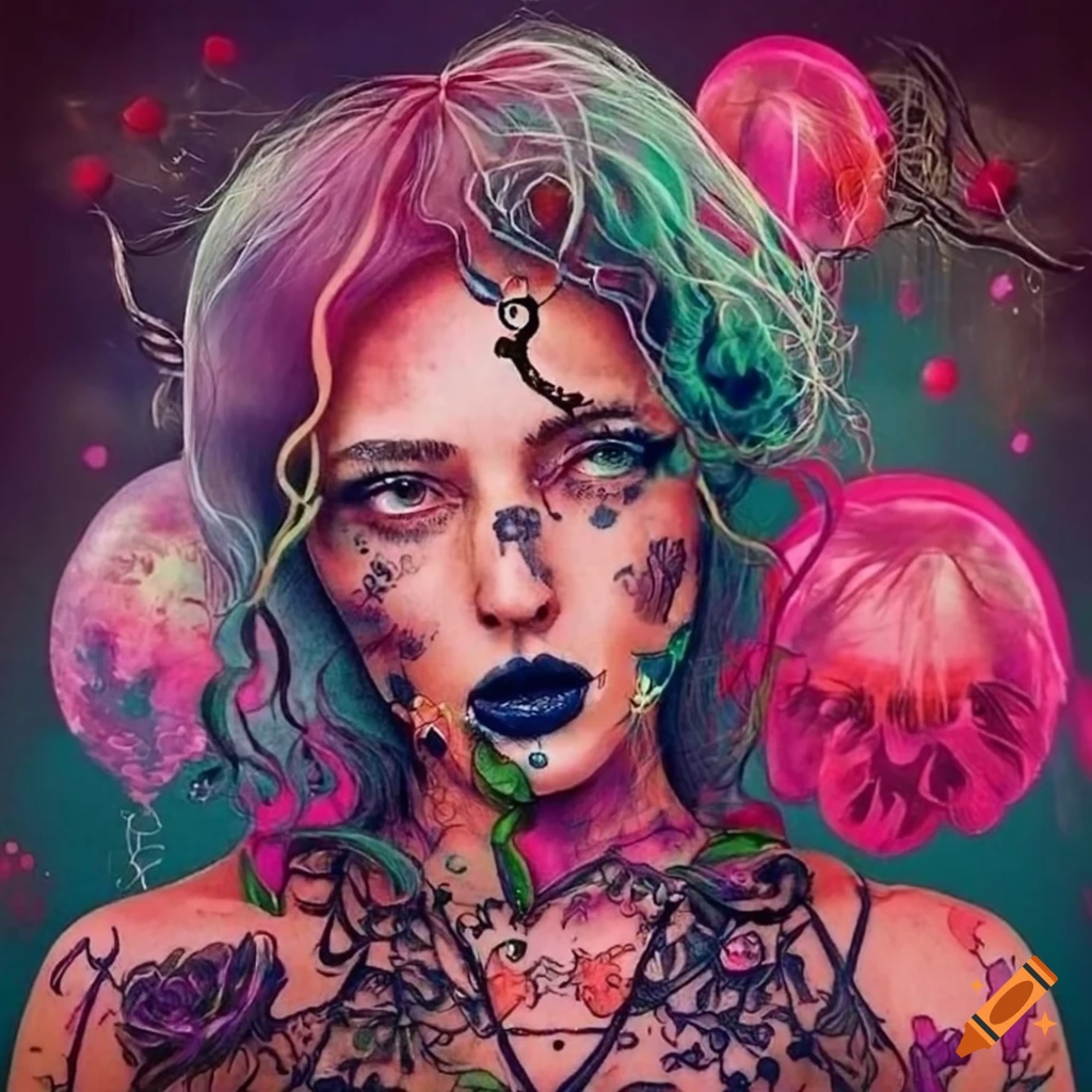 grunge witch with jellyfish haircut and rose vine tattoo