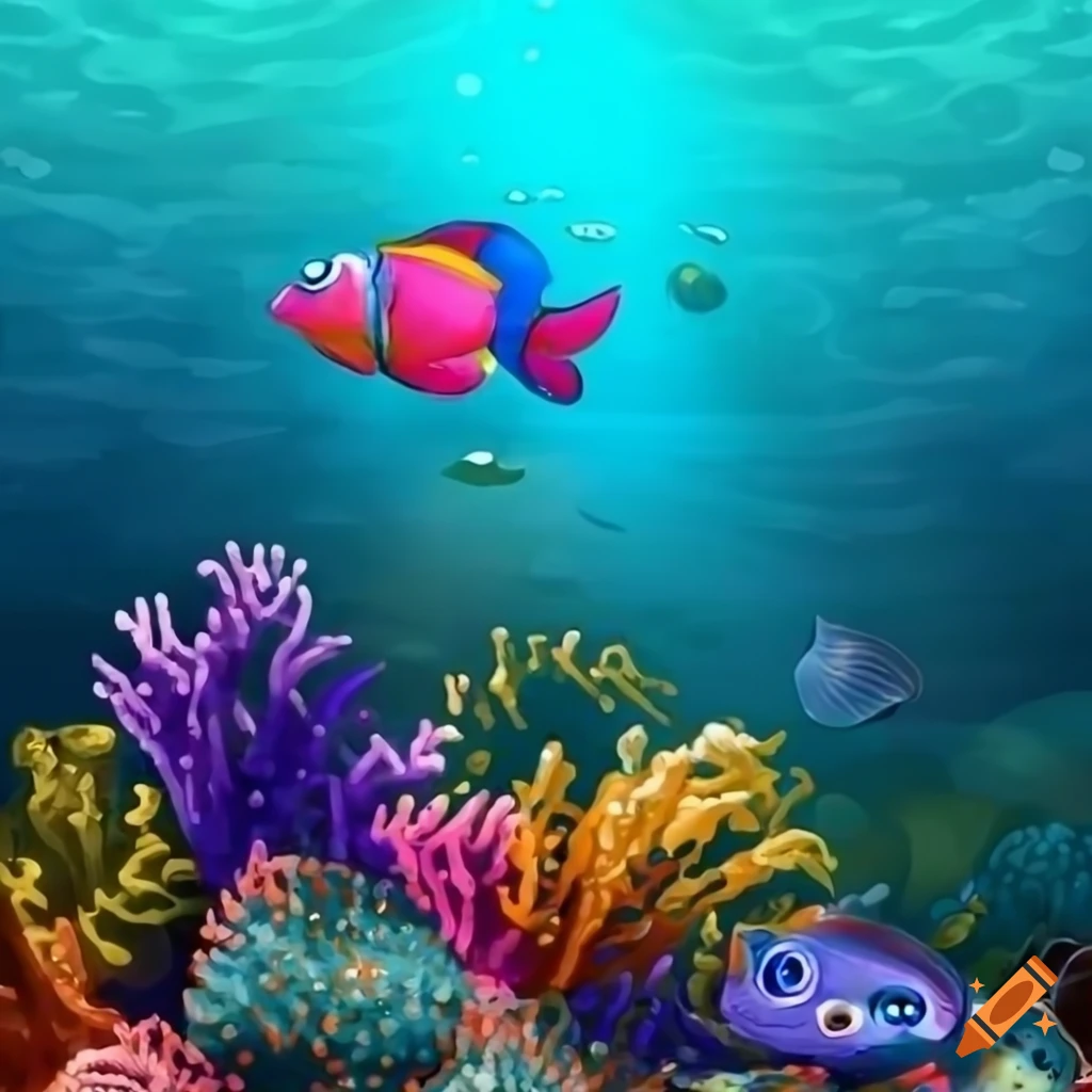 colorful cartoonish underwater scene with fish and corals