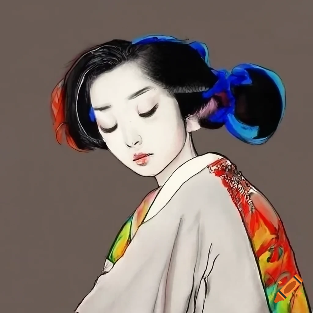colorful manga sketch of a Japanese woman in white