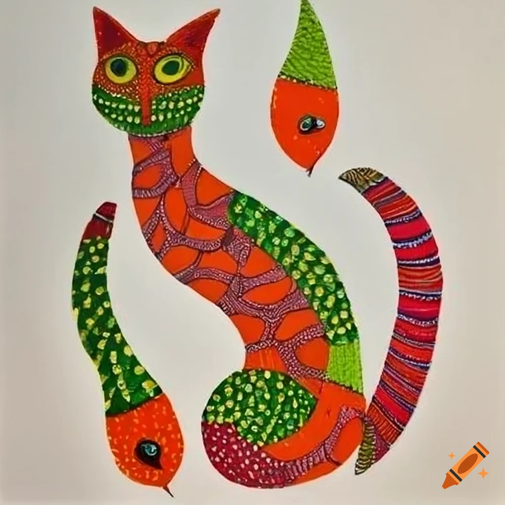vivid Gond painting of a cat
