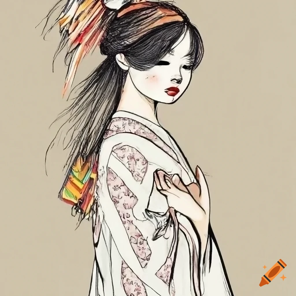 colorful manga sketch of Japanese woman by Kawanabe Kyosai