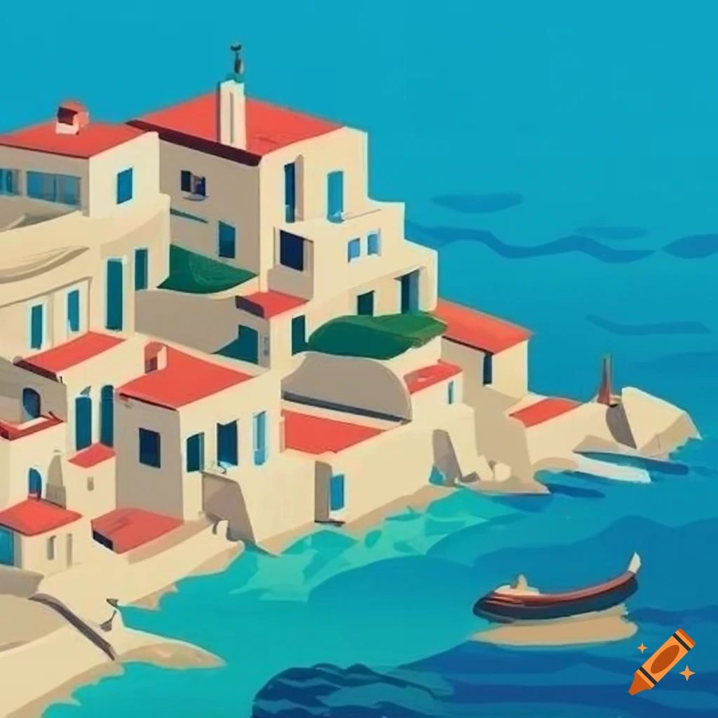 Isometric view of a coastal town with beach on craiyon