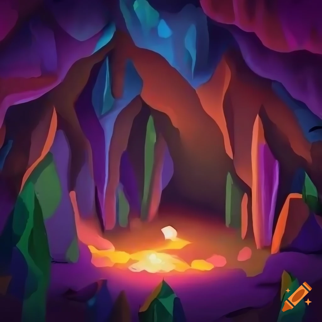 cartoonish depiction of a magical cave with glowing crystals