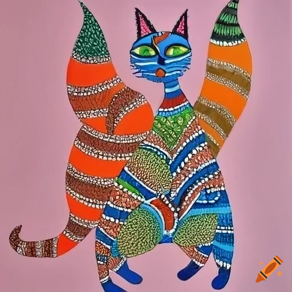 vivid Gond painting of a cat