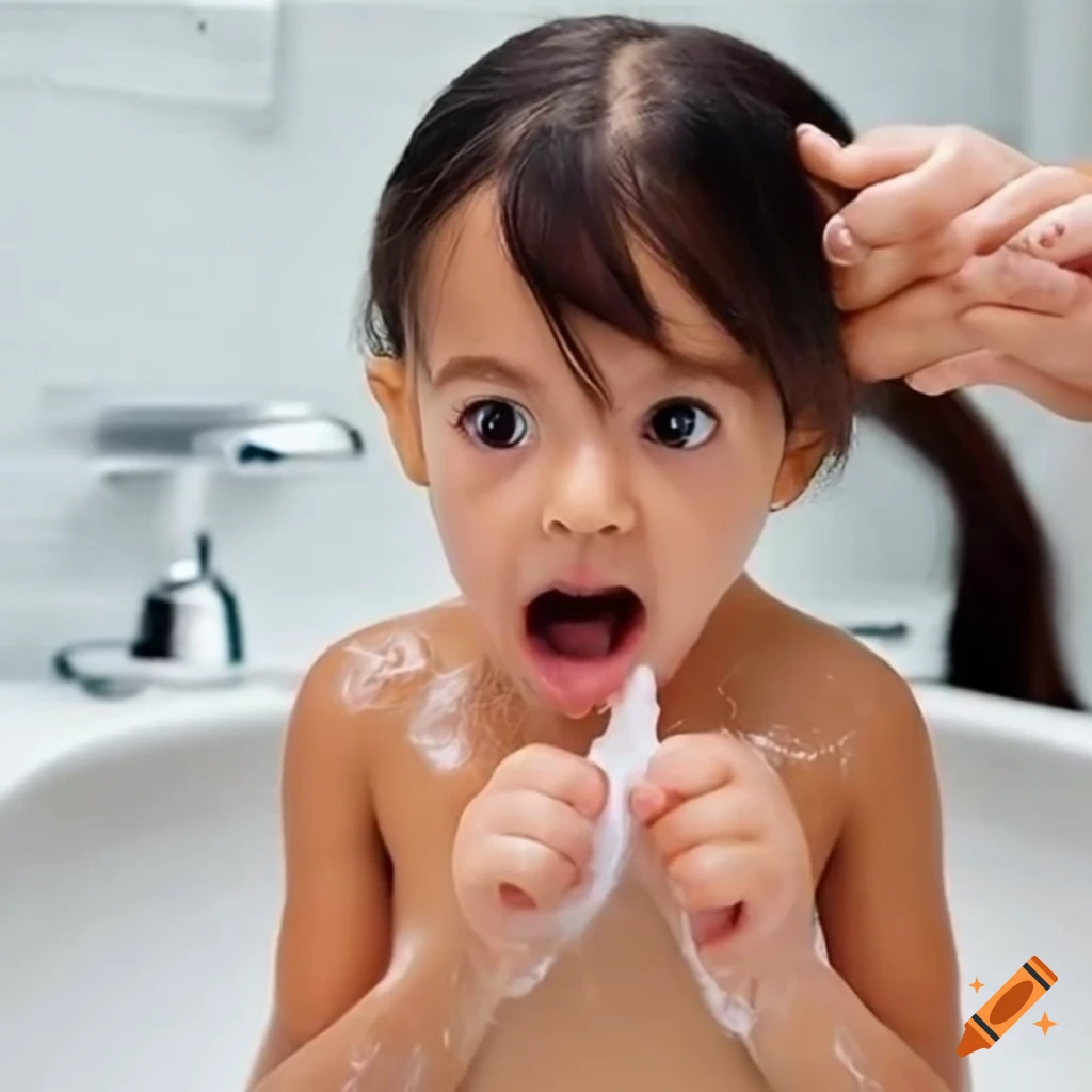 surprised toddler girl with pigtails during bath time