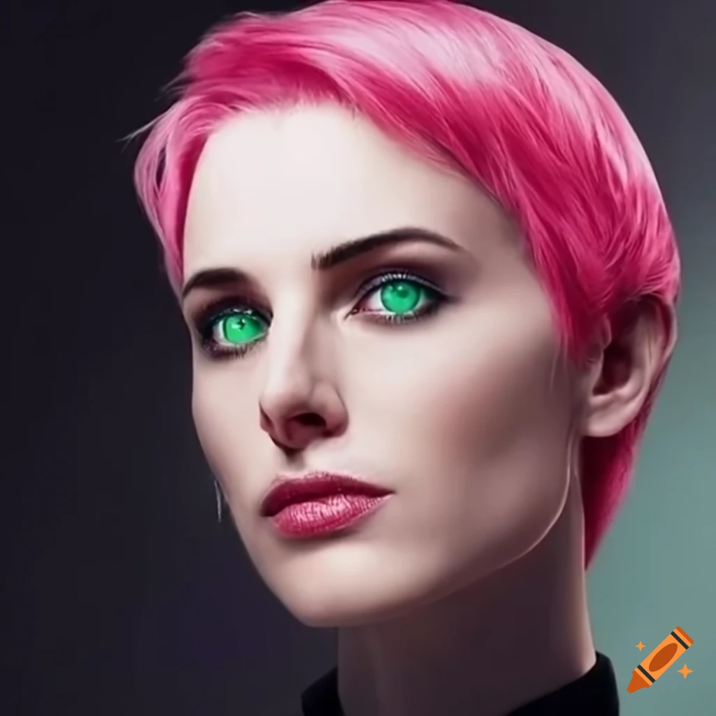 cosplayer resembling an android with pink hair and green eyes