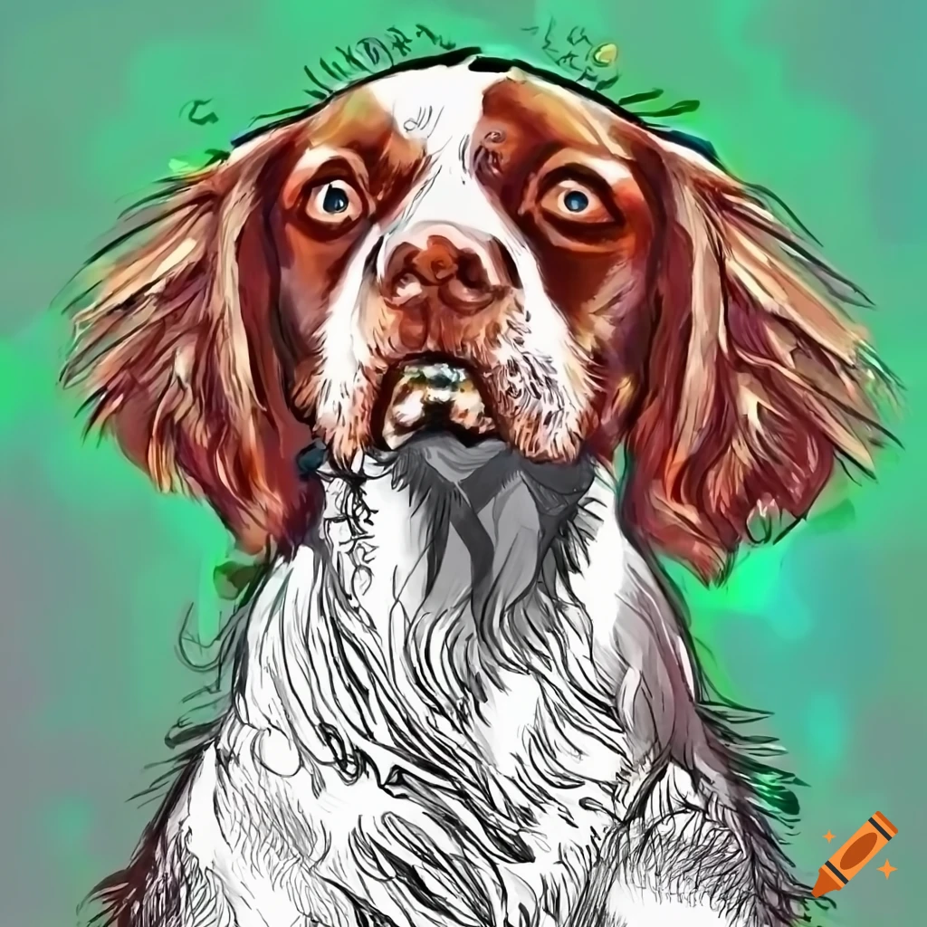 Coloring book style illustration of a brittany spaniel in a library on