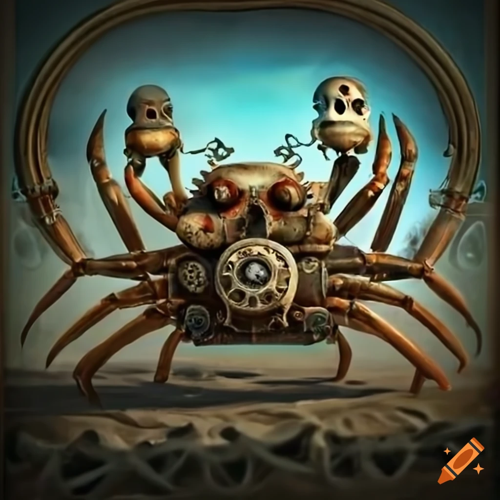 surreal image of steampunk crab machines on a beach