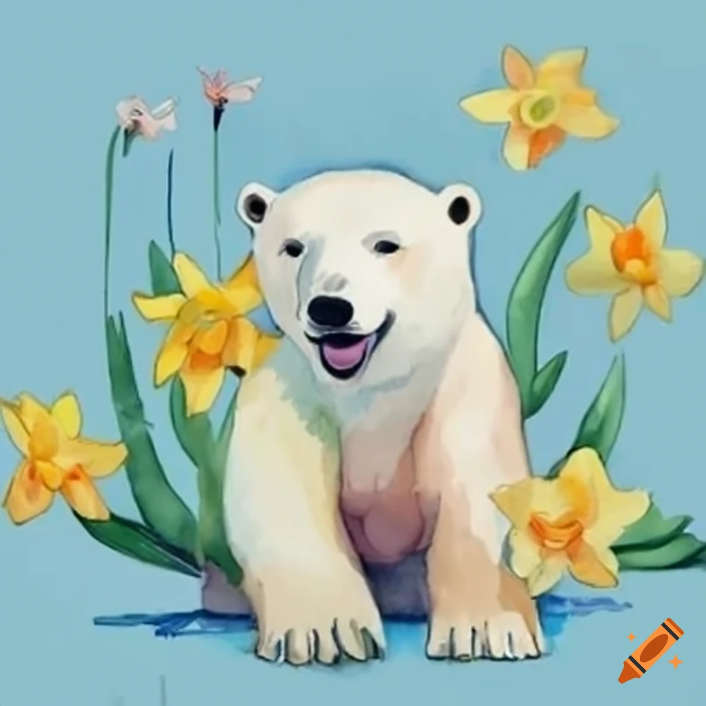 polar bear among daffodils