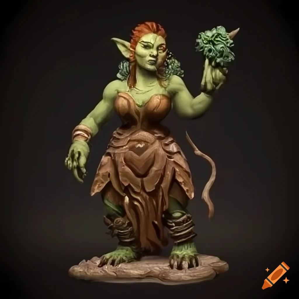 artistic representation of a strong female ogre druid in nature-themed attire