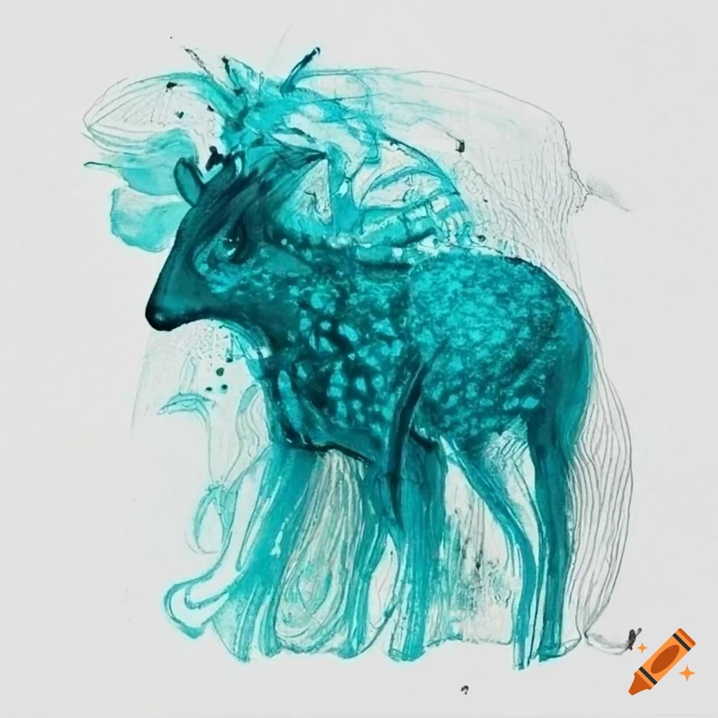 Turquoise ink drawing of an abstract animal