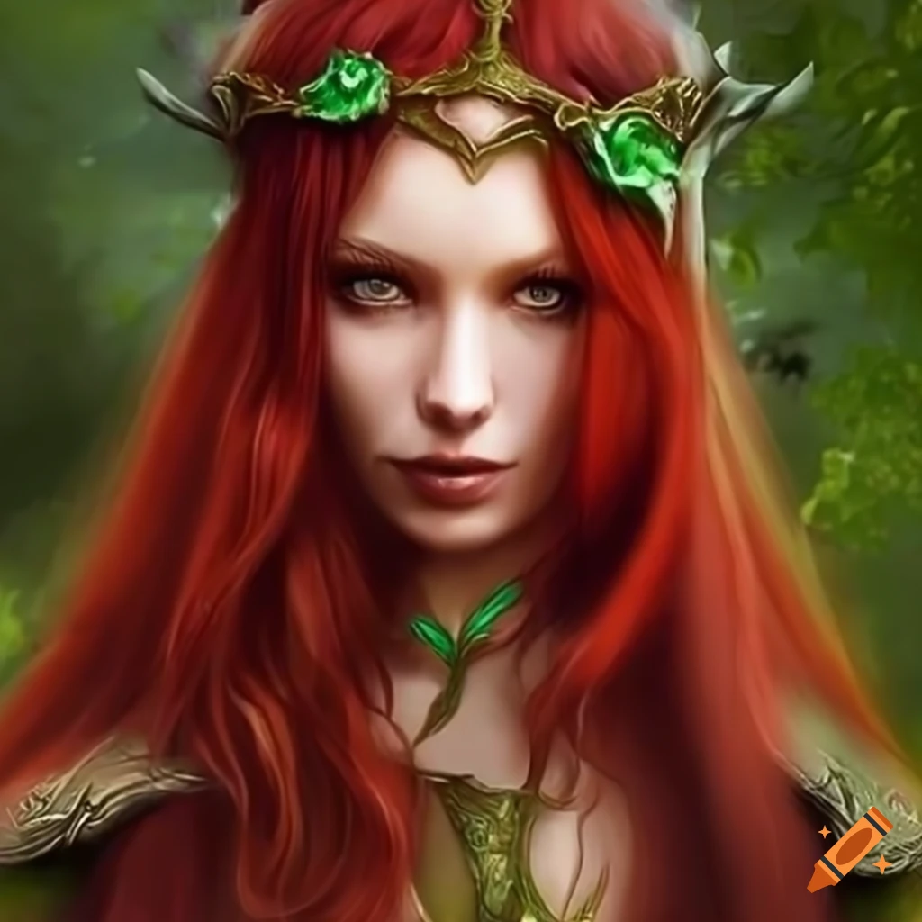 Artistic portrait of a woman with red hair in a forest on Craiyon