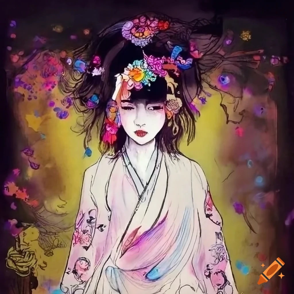 colorful manga sketch of a Japanese woman