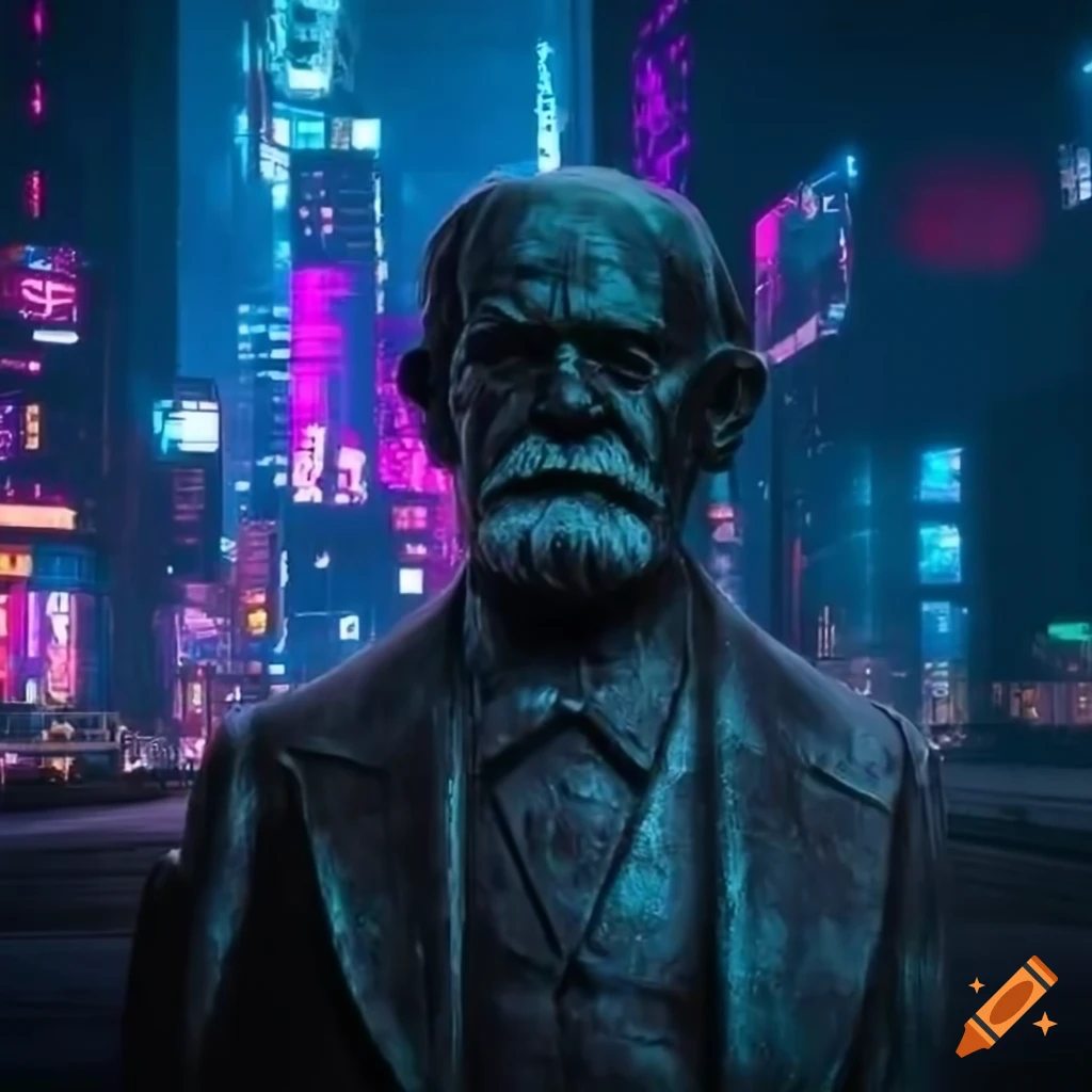cyberpunk statue of Sigmund Freud in a city at night