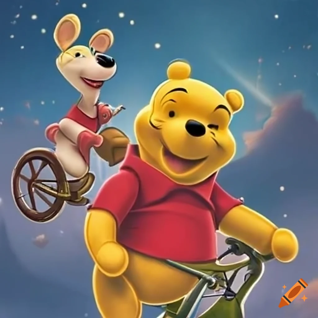 illustration of Winnie the Pooh flying on a bike with E.T.